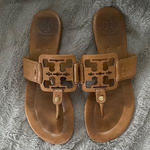 Tory Burch Square Miller Leather Flip-Flop Sandal Brown Tan Size 7